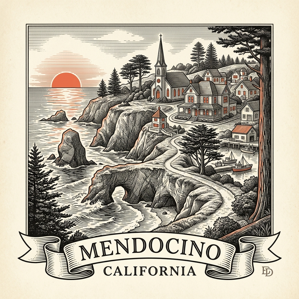 Engraved Mendocino CA city illustration – Official Translations certified translation services from $29.95 per page
