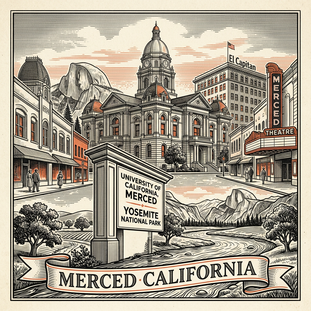 Engraved Merced CA city illustration – Official Translations certified translation services from $29.95 per page