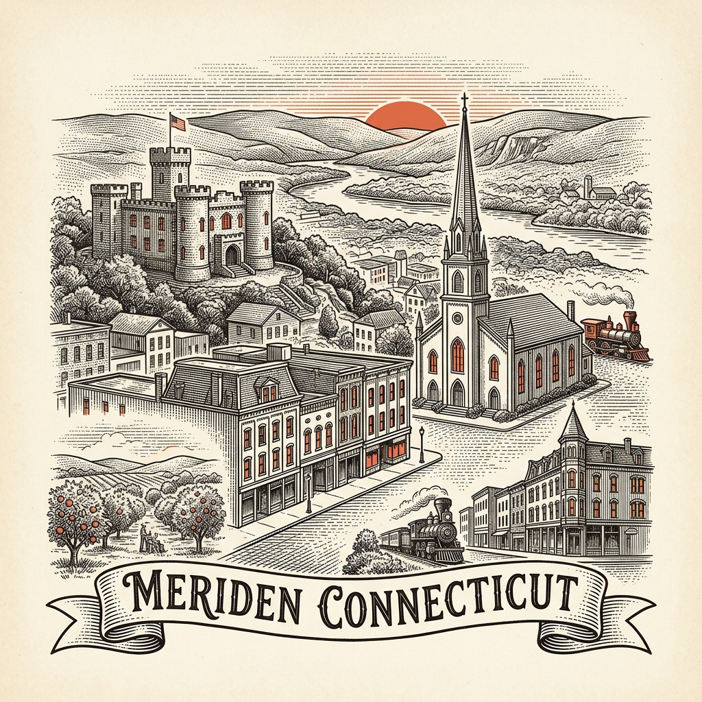 Engraved Meriden CT city illustration – Official Translations certified translation services from $29.95 per page