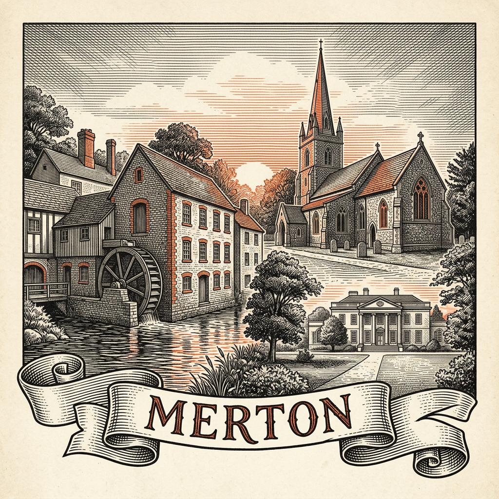 Engraved Merton England city illustration – All England Lawn Tennis Club Wimbledon, Wimbledon Windmill on the Common, Merton Abbey Mills, Polka Theatre, Morden Hall Park – Official Translations certified translation services from £29.95 per page