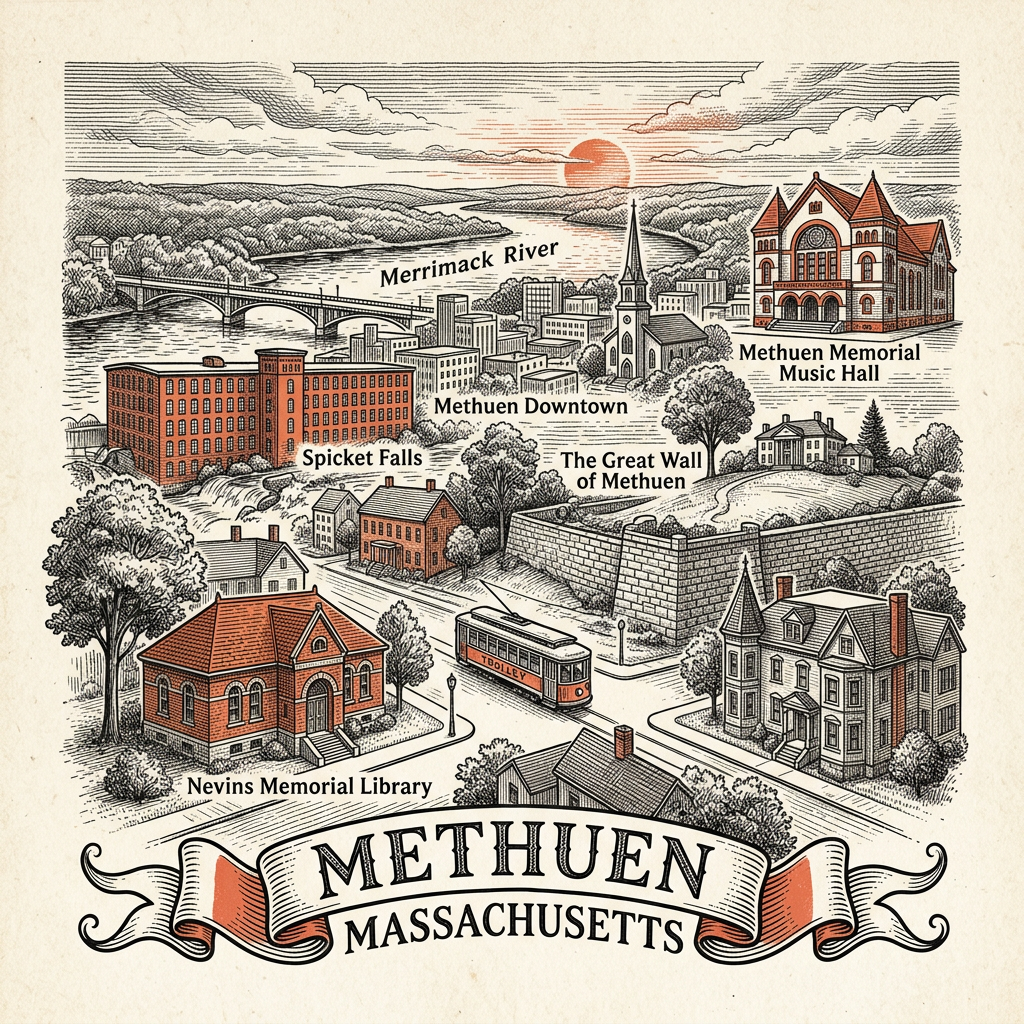 Engraved Methuen MA city illustration – Official Translations certified translation services from $29.95 per page