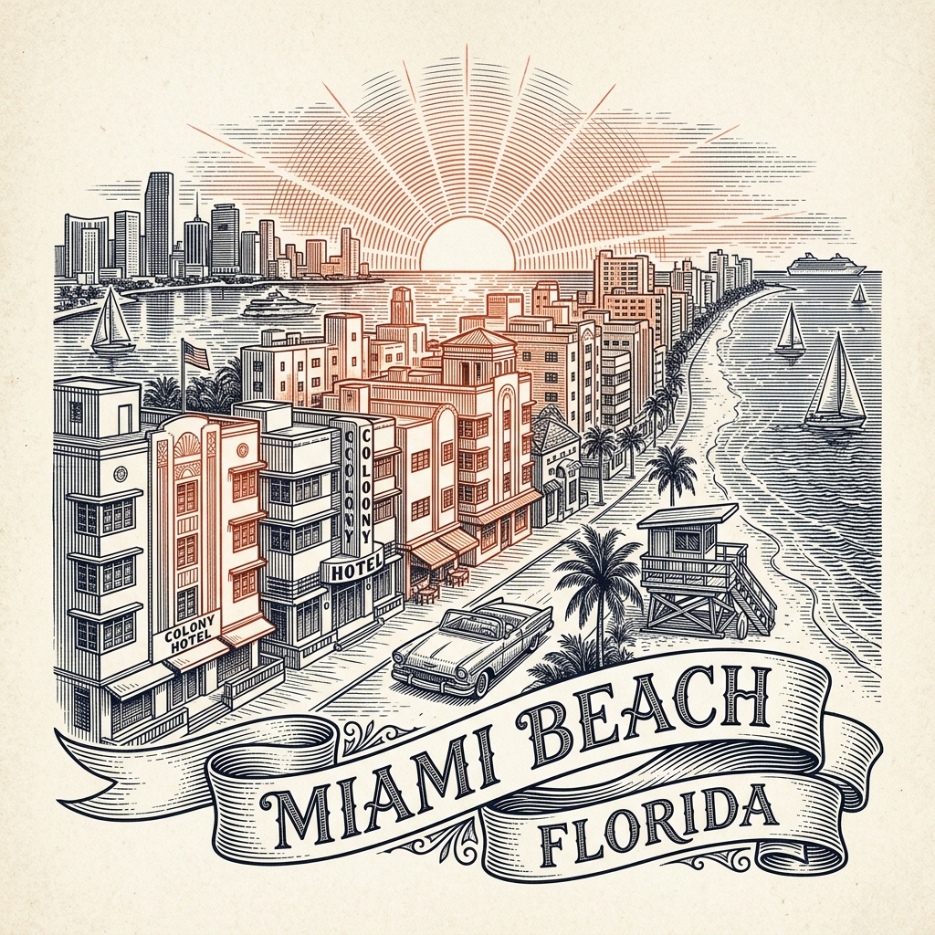 Engraved Miami Beach FL city illustration – Official Translations certified translation services from $29.95 per page