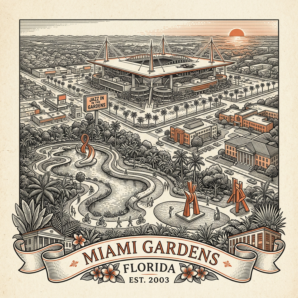 Engraved Miami Gardens FL city illustration – Official Translations certified translation services from $29.95 per page