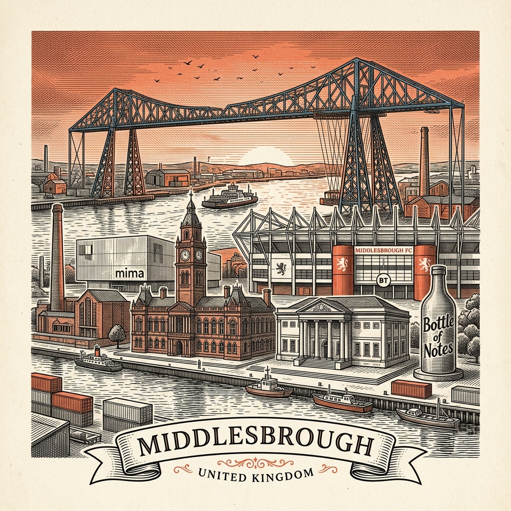 Engraved Middlesbrough England city illustration – Transporter Bridge, Middlesbrough Town Hall, Riverside Stadium, MIMA (gallery), Captain Cook Birthplace Museum – Official Translations certified translation services from £29.95 per page