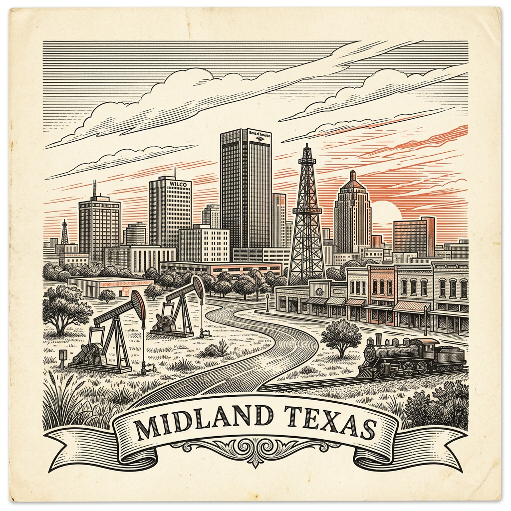 Engraved Midland TX city illustration – Official Translations certified translation services from $29.95 per page