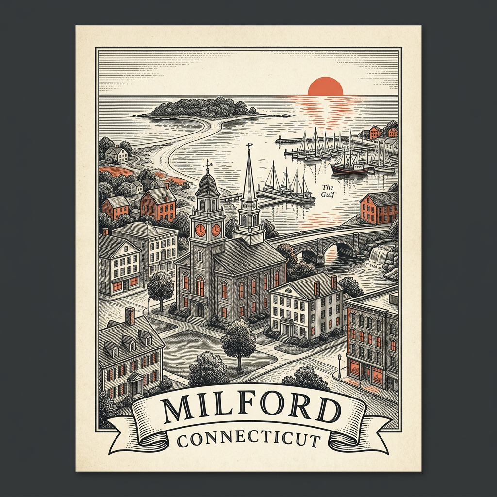 Engraved Milford CT city illustration – Official Translations certified translation services from $29.95 per page