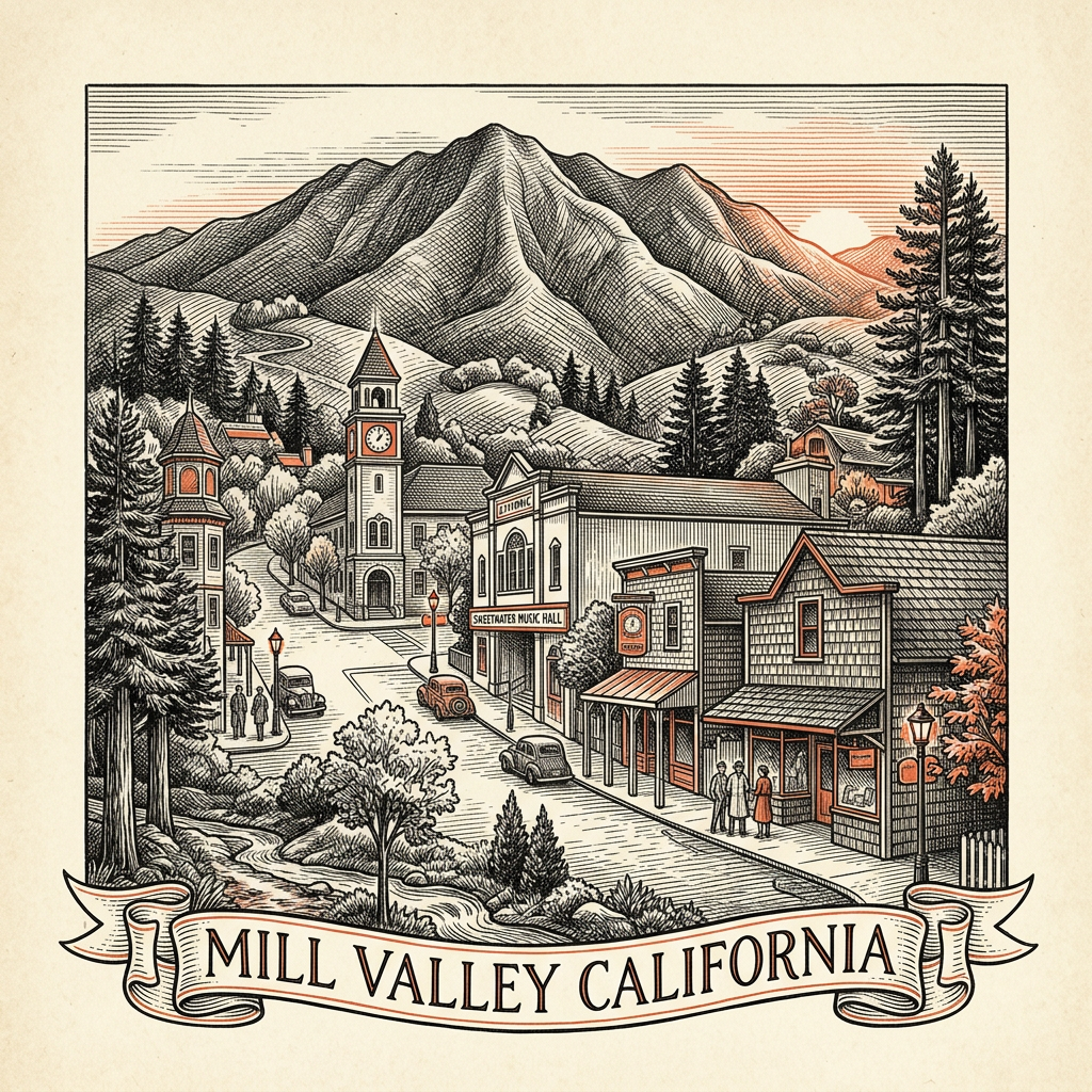 Engraved Mill Valley CA city illustration – Official Translations certified translation services from $29.95 per page