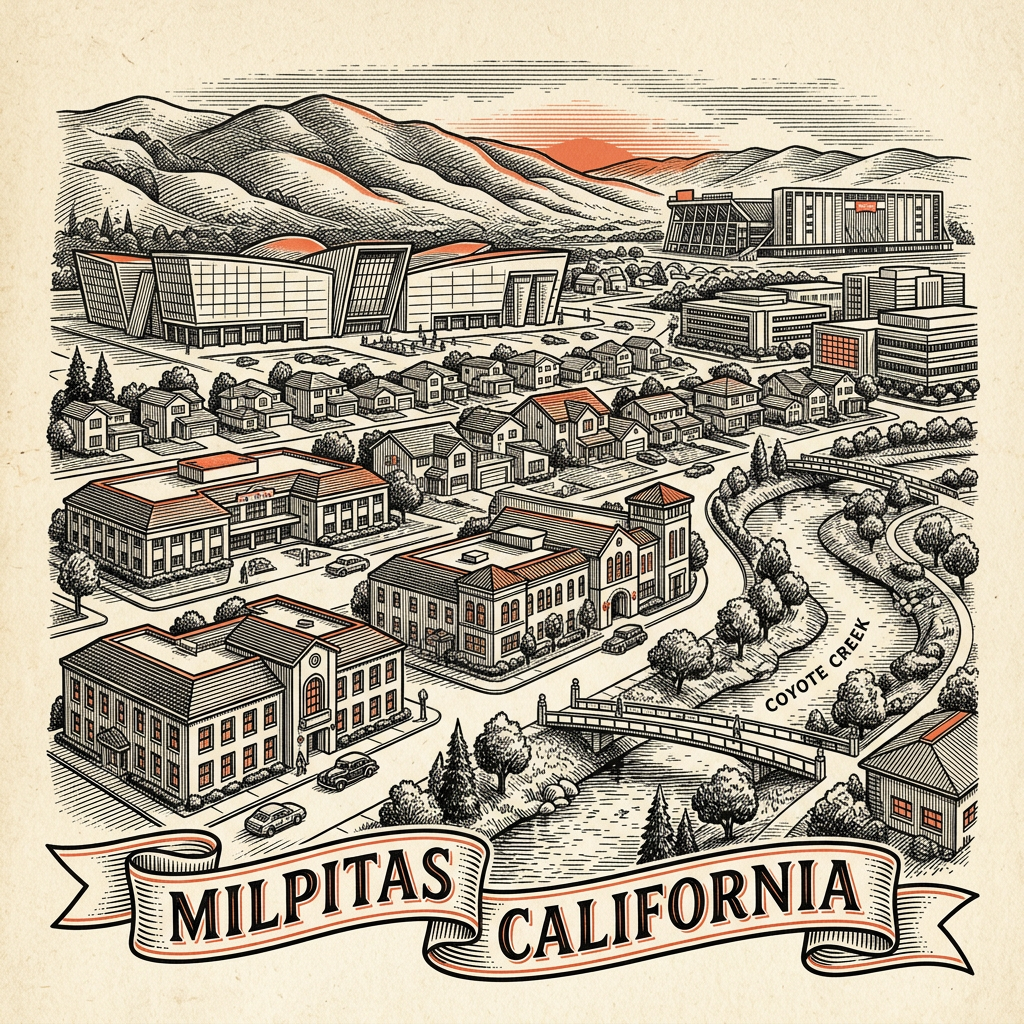 Engraved Milpitas CA city illustration – Official Translations certified translation services from $29.95 per page