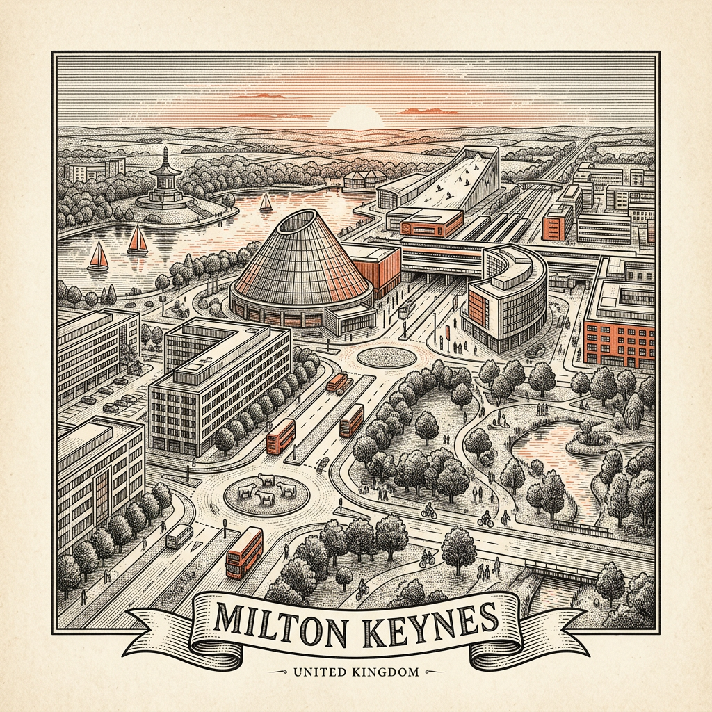 Engraved Milton Keynes England city illustration – MK Dons Stadium (Stadium MK), Xscape, Milton Keynes Theatre, Concrete Cows, The Point (pyramid) – Official Translations certified translation services from £29.95 per page