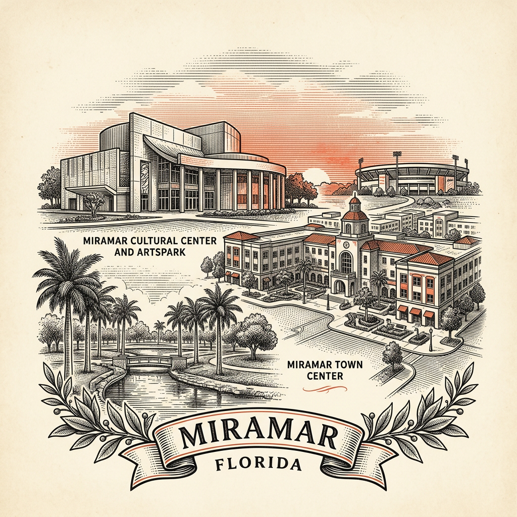 Engraved Miramar Beach FL city illustration – Official Translations certified translation services from $29.95 per page