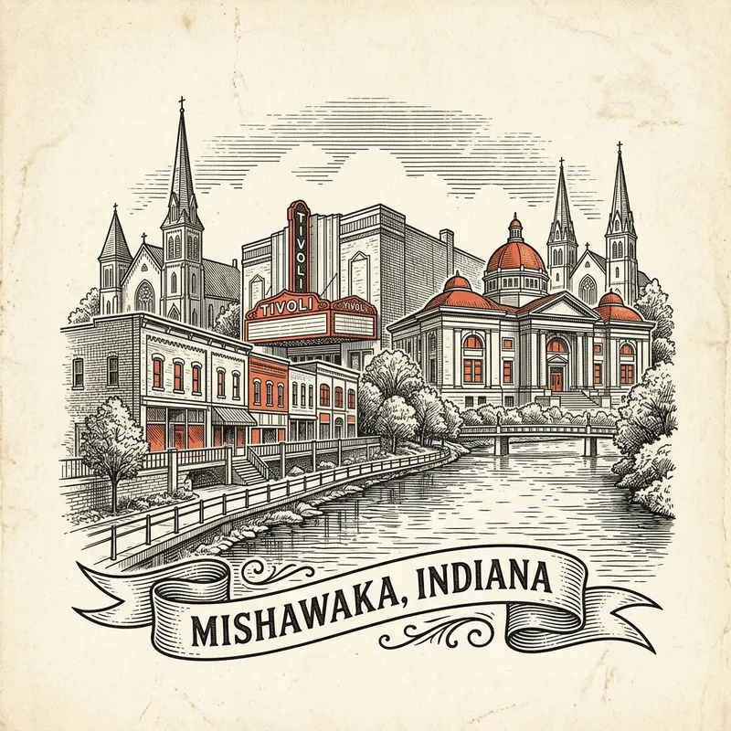 Engraved Mishawaka IN city illustration – Official Translations certified translation services from $29.95 per page