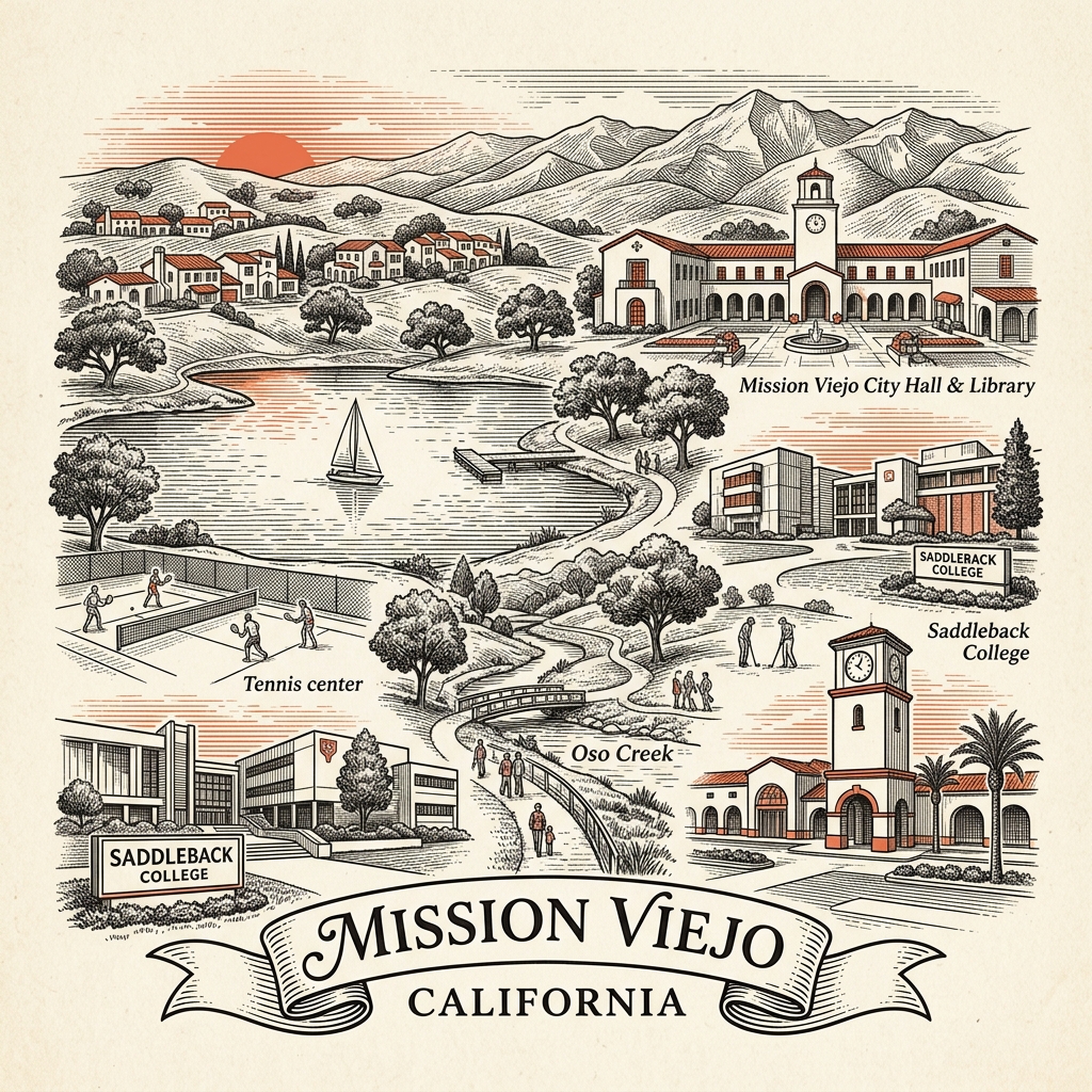 Engraved Mission Viejo CA city illustration – Official Translations certified translation services from $29.95 per page