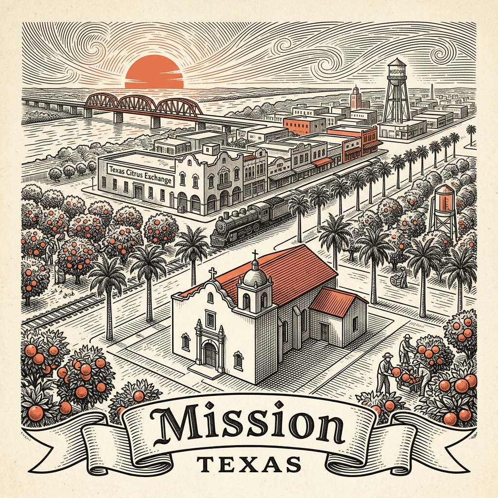 Engraved Mission TX city illustration – Official Translations certified translation services from $29.95 per page