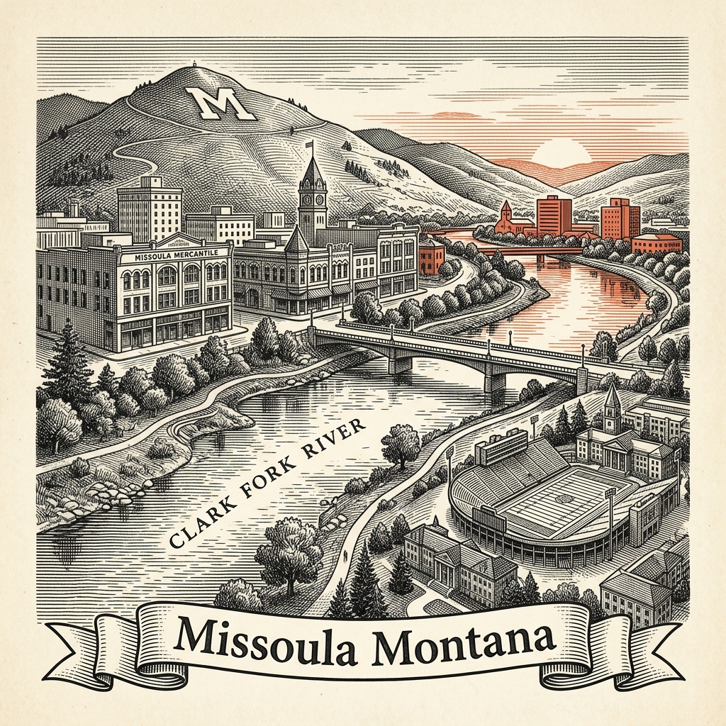Engraved Missoula MT city illustration – Official Translations certified translation services from $29.95 per page