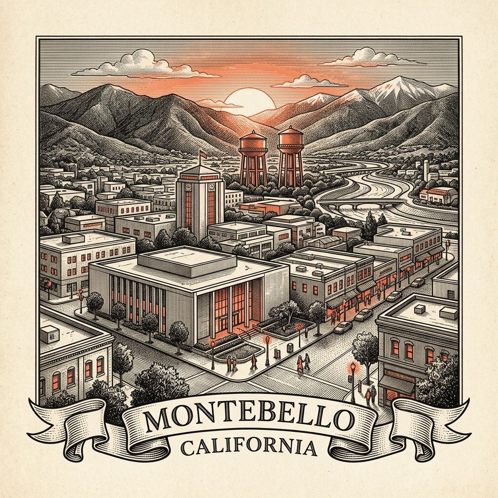 Engraved Montebello CA city illustration – Official Translations certified translation services from $29.95 per page