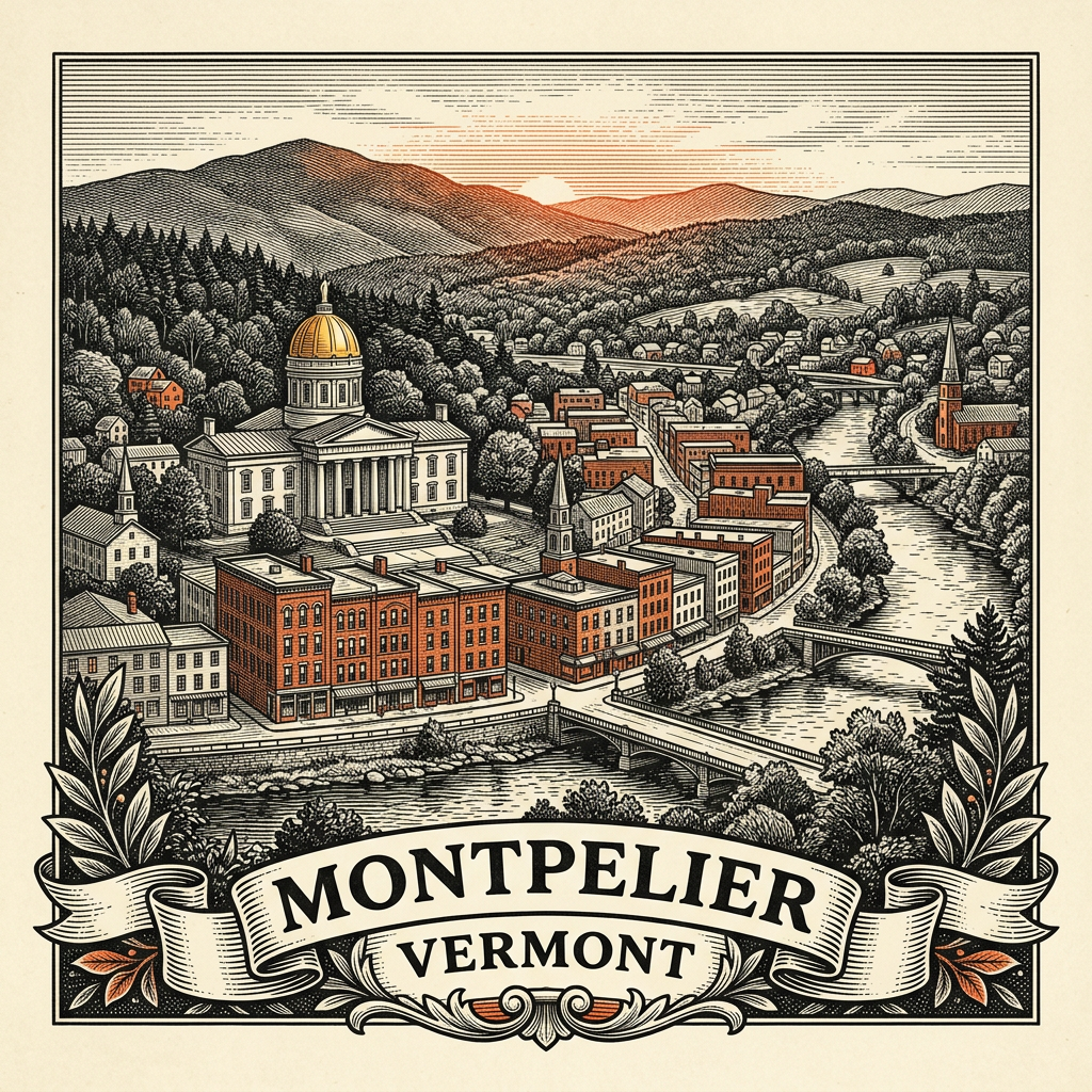 Engraved Montpelier VT city illustration – Official Translations certified translation services from $29.95 per page