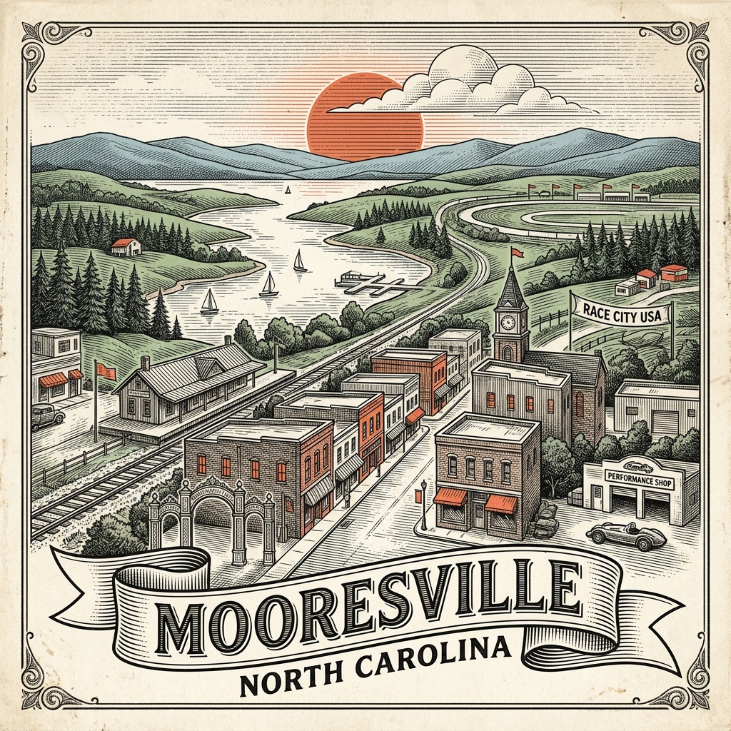 Engraved Mooresville NC city illustration – Official Translations certified translation services from $29.95 per page