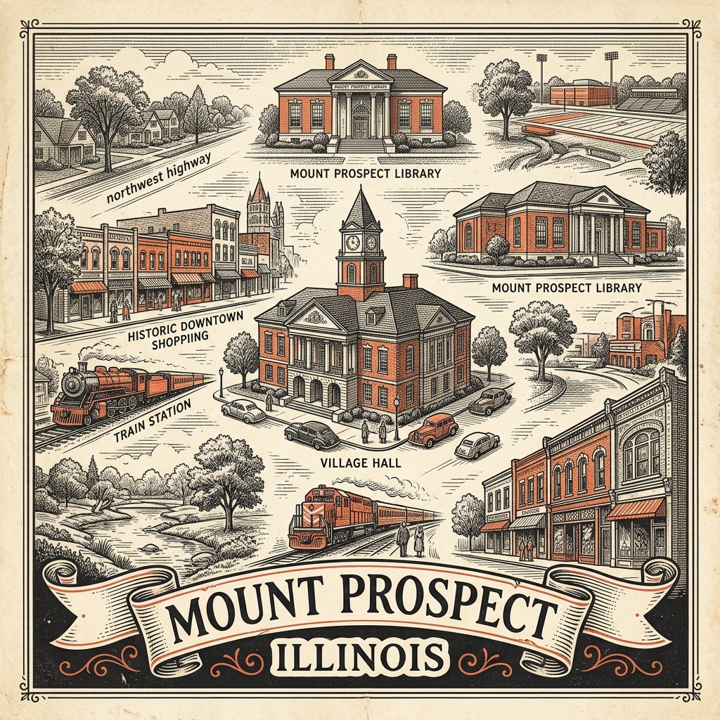 Engraved Mount Prospect IL city illustration – Official Translations certified translation services from $29.95 per page