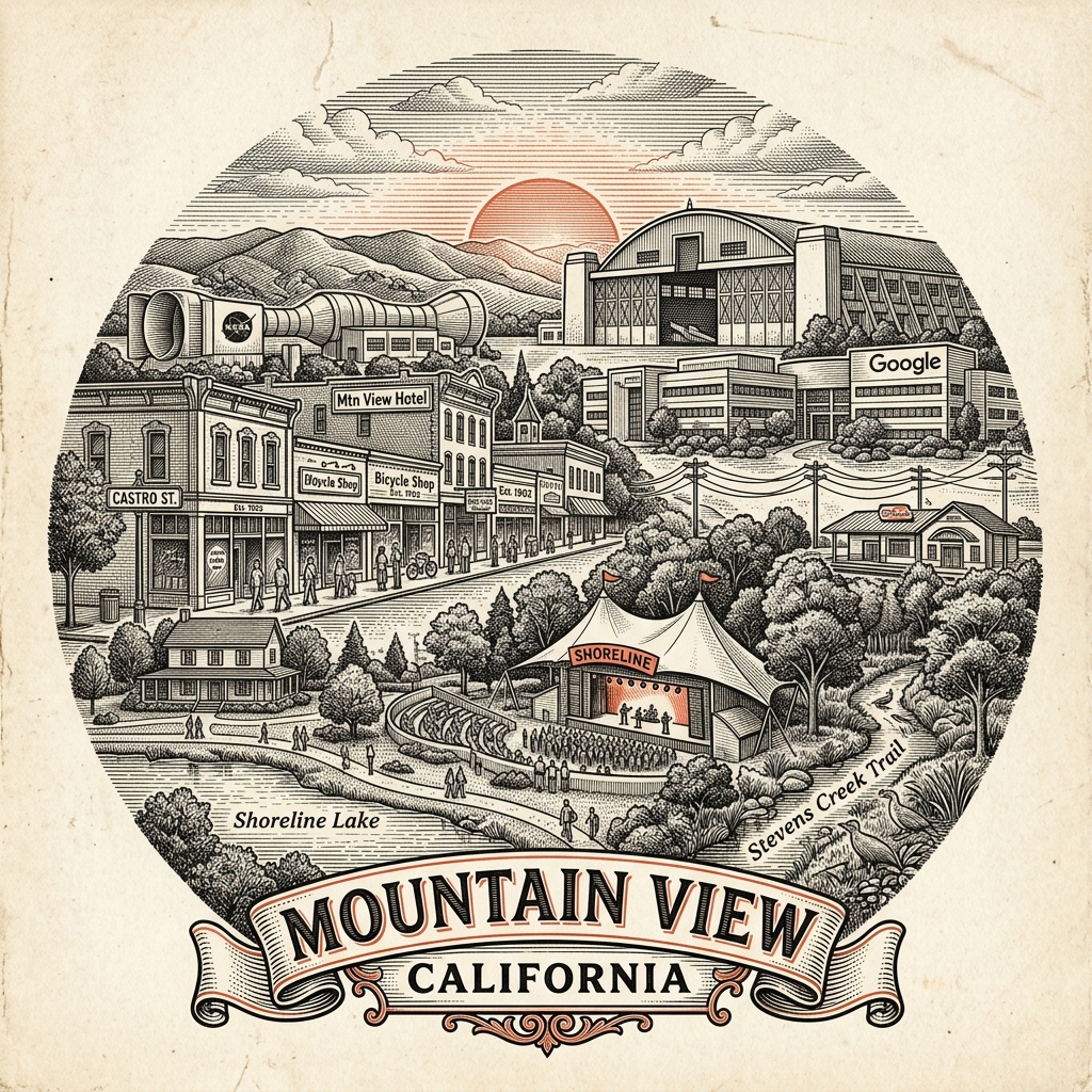 Engraved Mountain View CA city illustration – Official Translations certified translation services from $29.95 per page