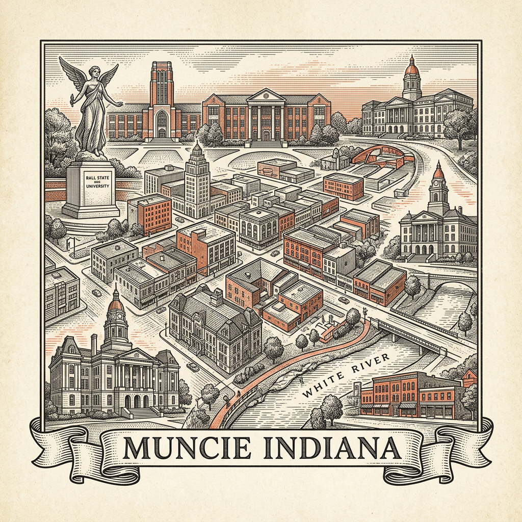 Engraved Muncie IN city illustration – Official Translations certified translation services from $29.95 per page