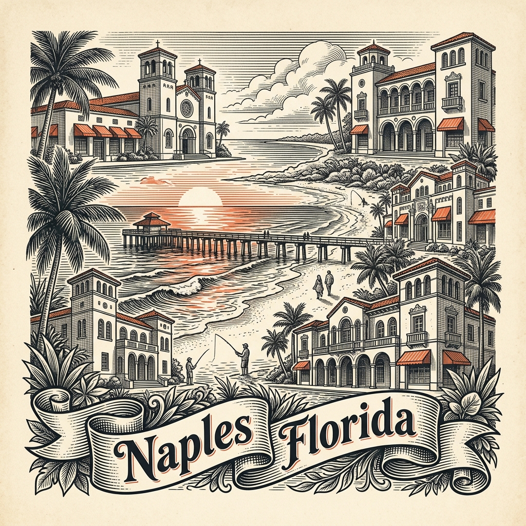Engraved Naples FL city illustration – Official Translations certified translation services from $29.95 per page