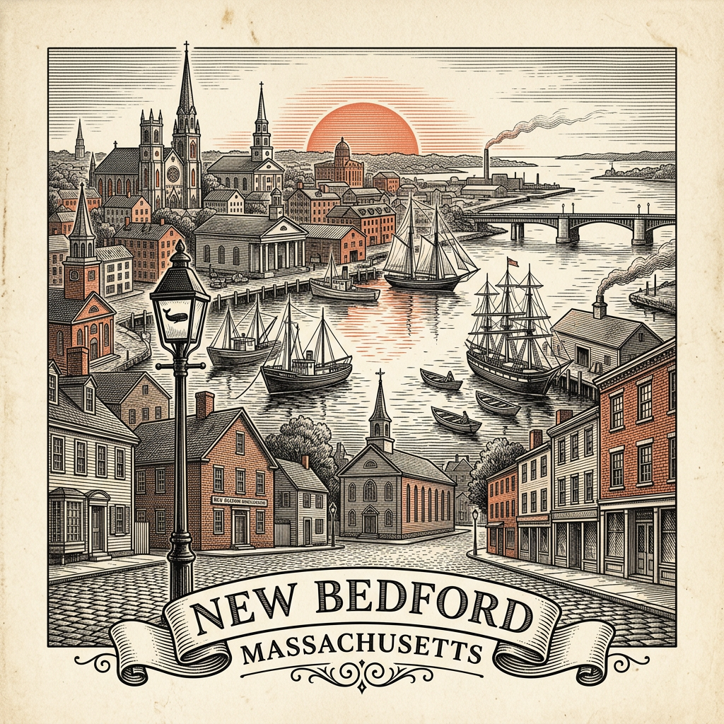Engraved New Bedford MA city illustration – Official Translations certified translation services from $29.95 per page