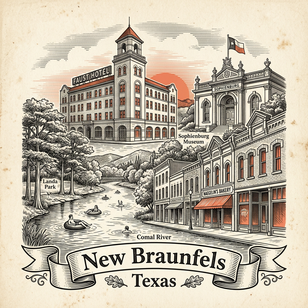 Engraved New Braunfels TX city illustration – Official Translations certified translation services from $29.95 per page