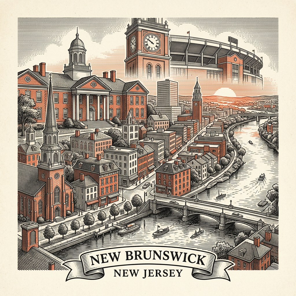Engraved New Brunswick NJ city illustration – Official Translations certified translation services from $29.95 per page