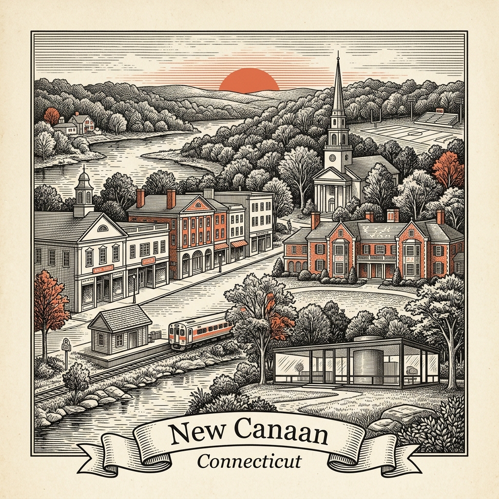 Engraved New Canaan CT city illustration – Official Translations certified translation services from $29.95 per page
