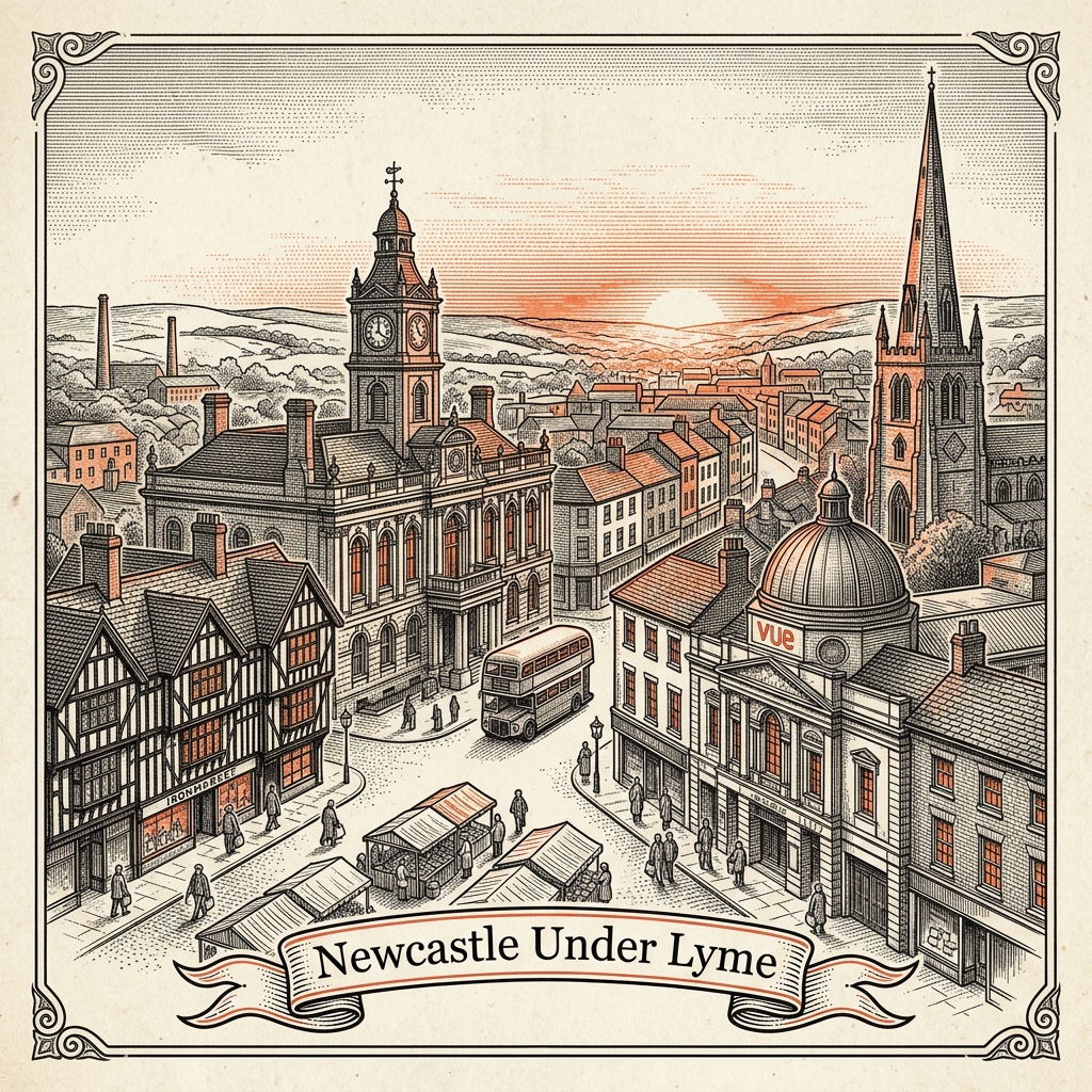 Engraved Newcastle-under-Lyme England city illustration – The Guildhall pillared portico, St Giles Parish Church, New Vic theatre-in-the-round, Brampton Museum, Queen's Gardens – Official Translations certified translation services from £29.95 per page