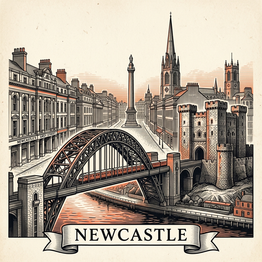 Engraved Newcastle upon Tyne England city illustration – Tyne Bridge, Sage Gateshead, Angel of the North, Newcastle Castle, Grey's Monument – Official Translations certified translation services from £29.95 per page