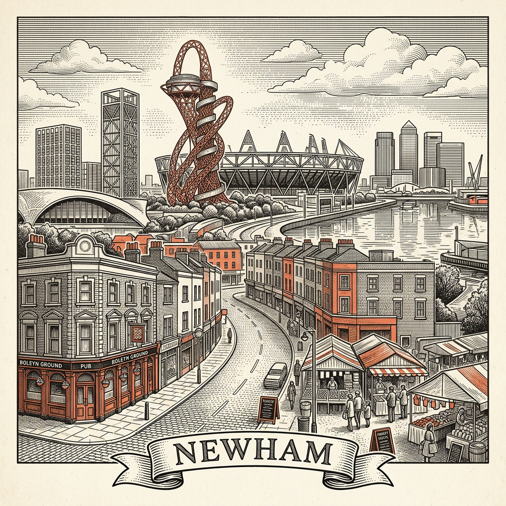 Engraved Newham England city illustration – Queen Elizabeth Olympic Park stadium, ArcelorMittal Orbit, London Stadium (West Ham), ExCeL London exhibition centre, Royal Victoria Dock and Emirates Air Line cable car – Official Translations certified translation services from £29.95 per page