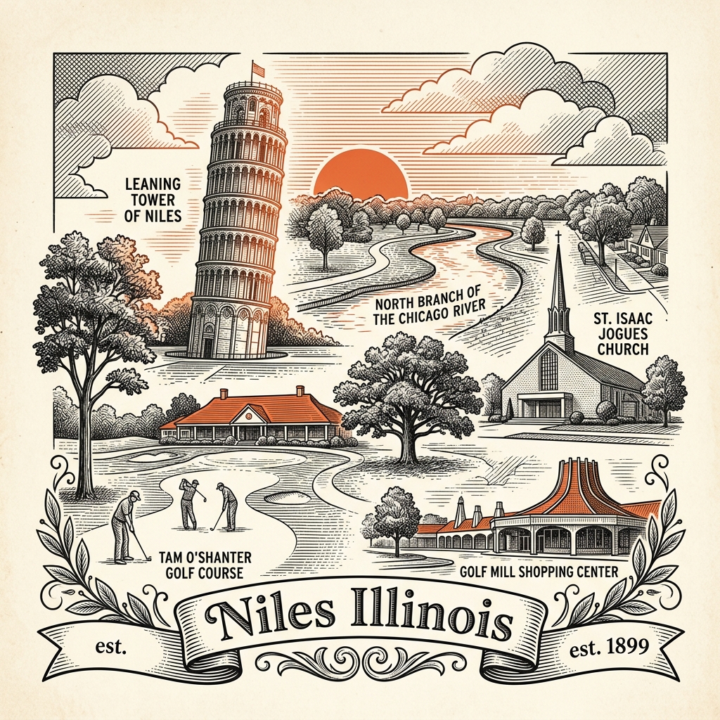Engraved Niles IL city illustration – Official Translations certified translation services from $29.95 per page