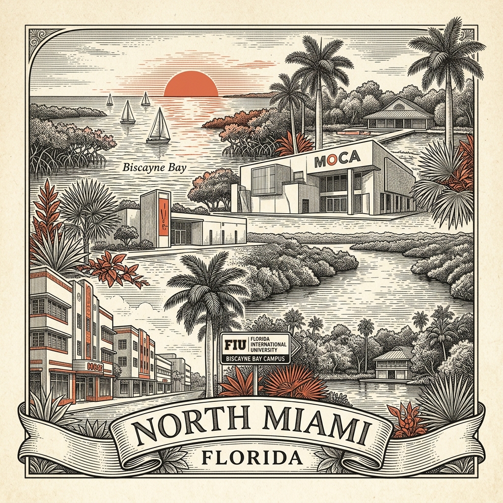 Engraved North Miami Beach FL city illustration – Official Translations certified translation services from $29.95 per page
