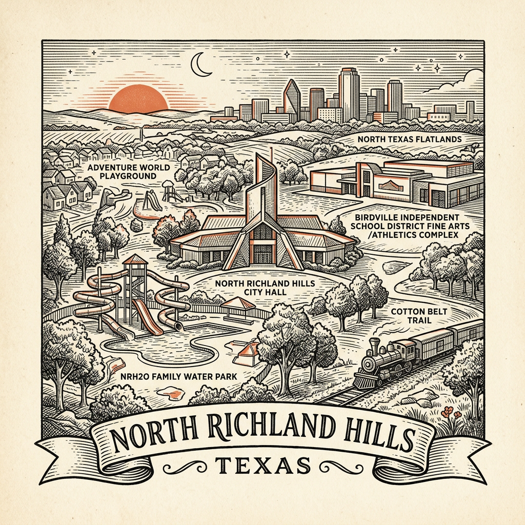 Engraved North Richland Hills TX city illustration – Official Translations certified translation services from $29.95 per page