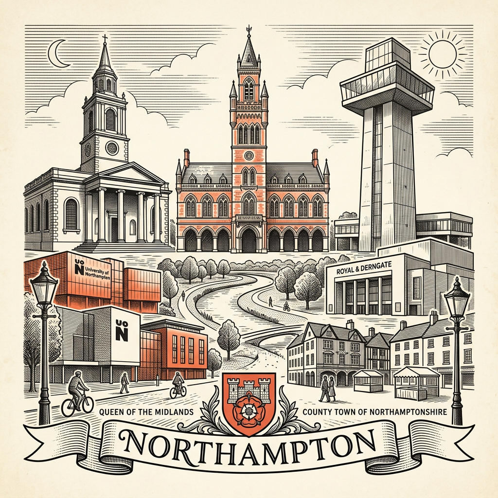 Engraved Northampton England city illustration – Northampton Guildhall Victorian Gothic, 78 Derngate Mackintosh house, Franklin's Gardens Saints rugby ground, Northampton Lift Tower, Delapre Abbey – Official Translations certified translation services from £29.95 per page