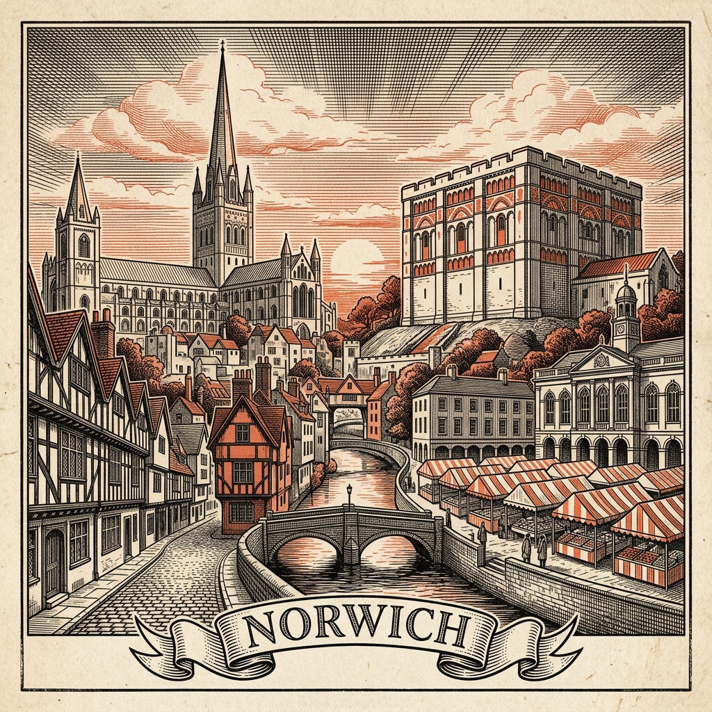 Engraved Norwich England city illustration – Norwich Cathedral, Norwich Castle, Elm Hill, City Hall and Market, University of East Anglia Sainsbury Centre – Official Translations certified translation services from £29.95 per page
