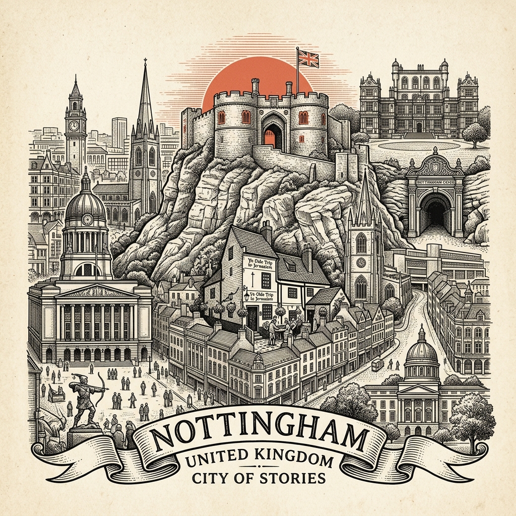 Engraved Nottingham England city illustration – Nottingham Castle, Council House (Old Market Square), Robin Hood Statue, Wollaton Hall, National Ice Centre – Official Translations certified translation services from £29.95 per page