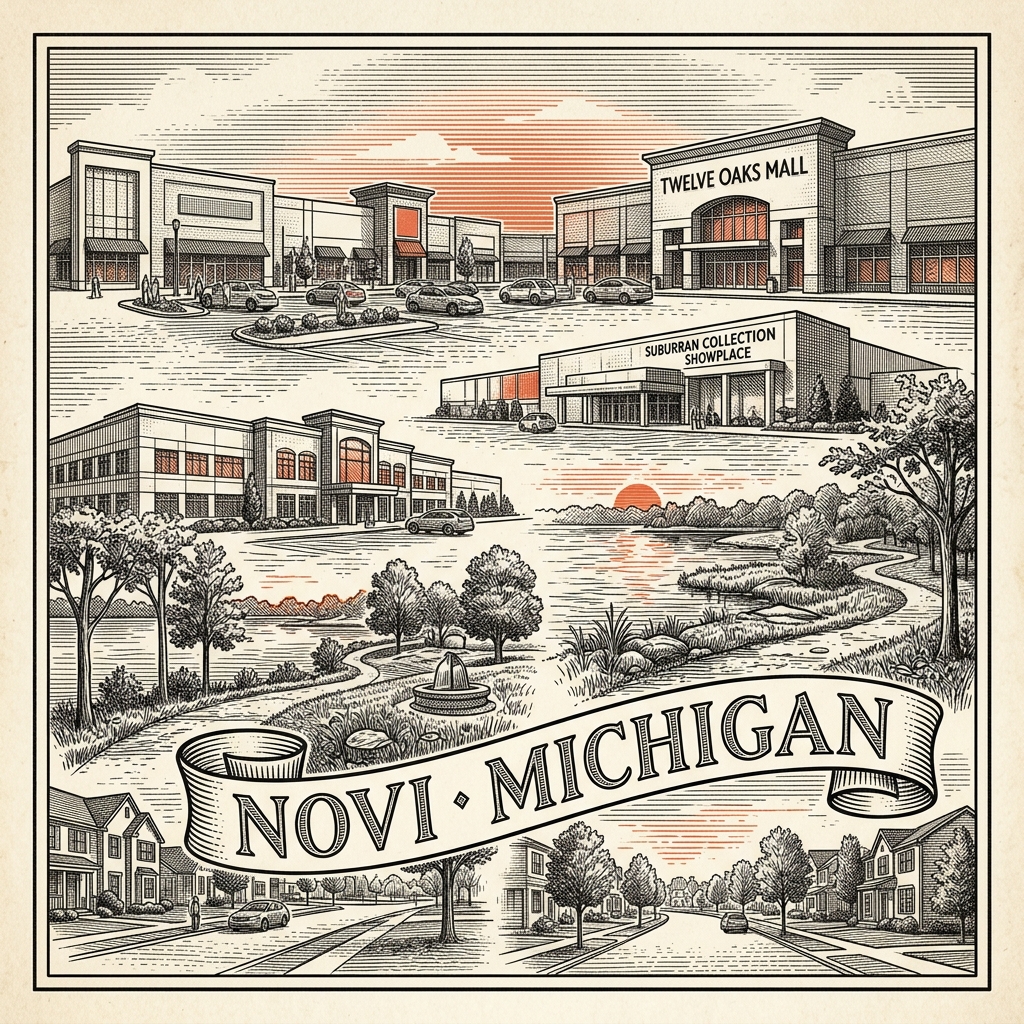 Engraved Novi MI city illustration – Official Translations certified translation services from $29.95 per page