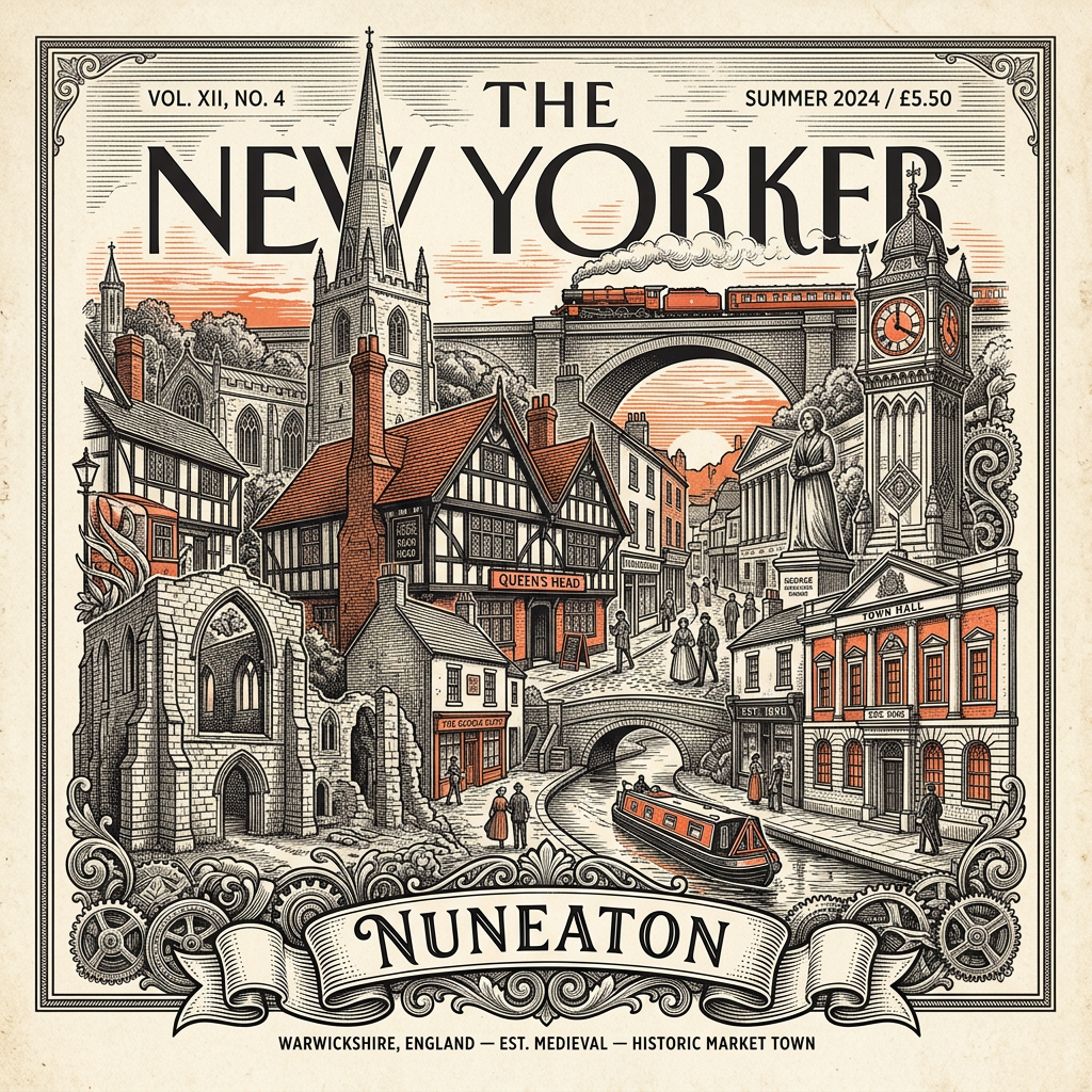 Engraved Nuneaton England city illustration – St Nicolas Parish Church spire, George Eliot Memorial Garden statue, Riversley Park bandstand, Nuneaton Museum and Art Gallery, Astley Castle ruin nearby – Official Translations certified translation services from £29.95 per page