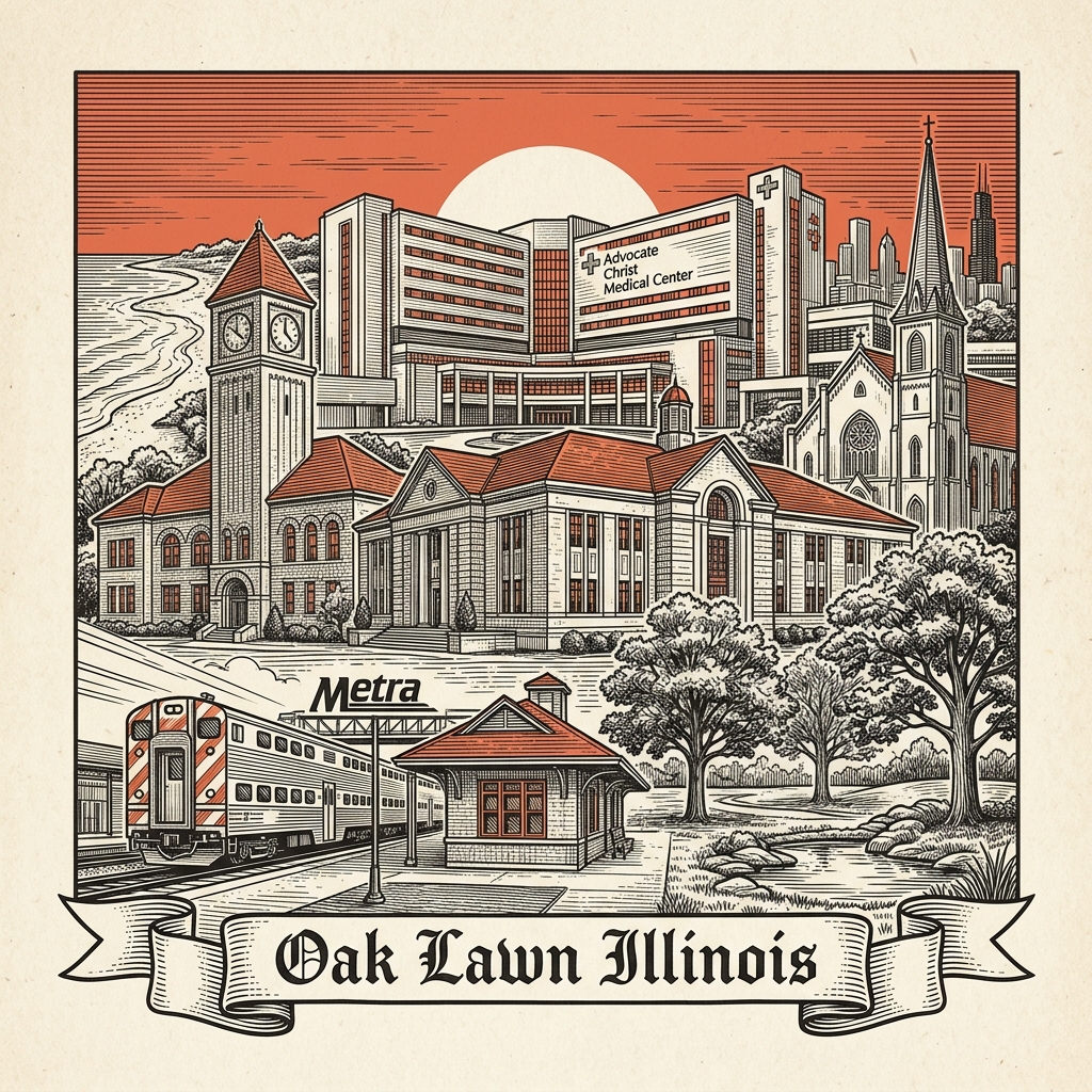 Engraved Oak Lawn IL city illustration – Official Translations certified translation services from $29.95 per page