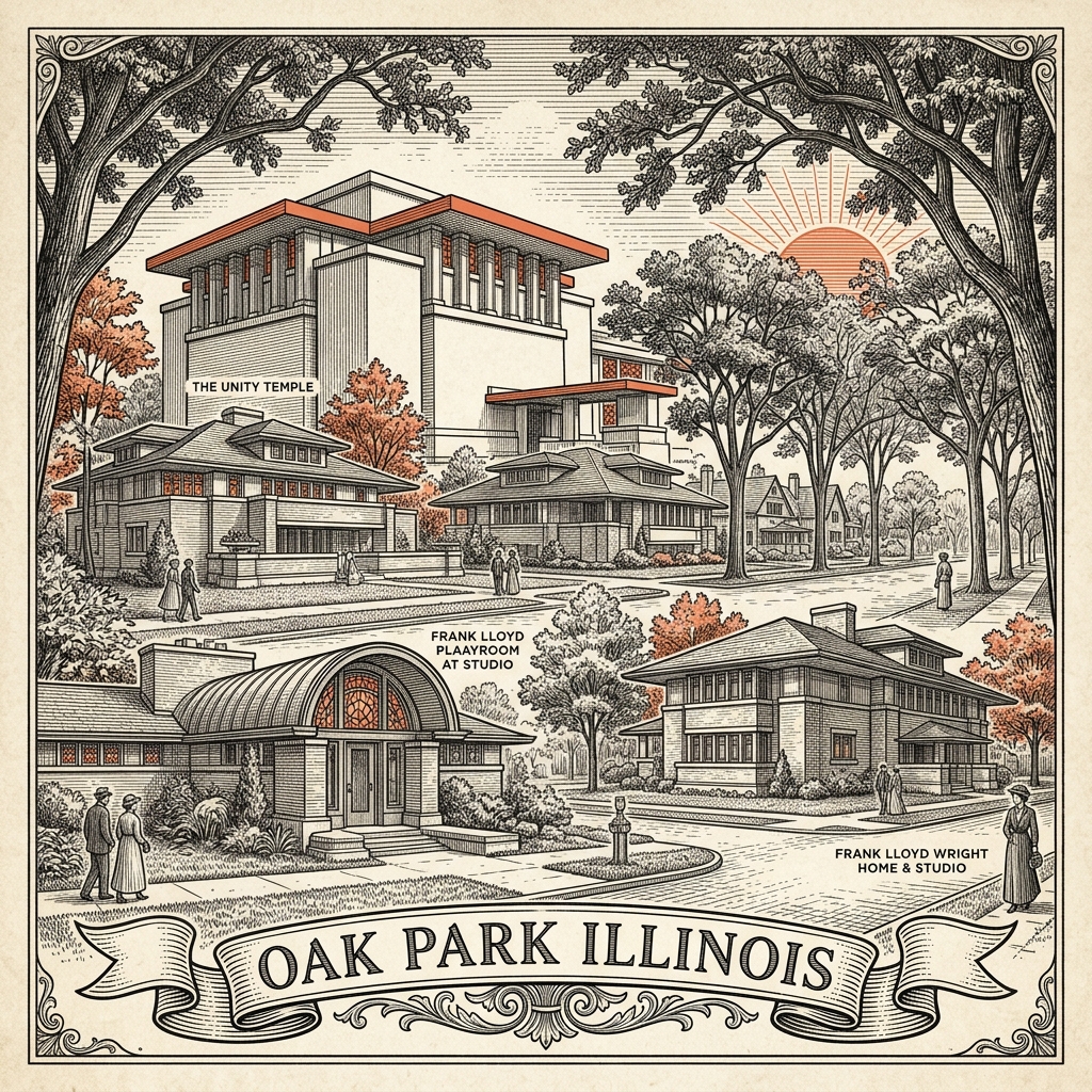 Engraved Oak Park IL city illustration – Official Translations certified translation services from $29.95 per page