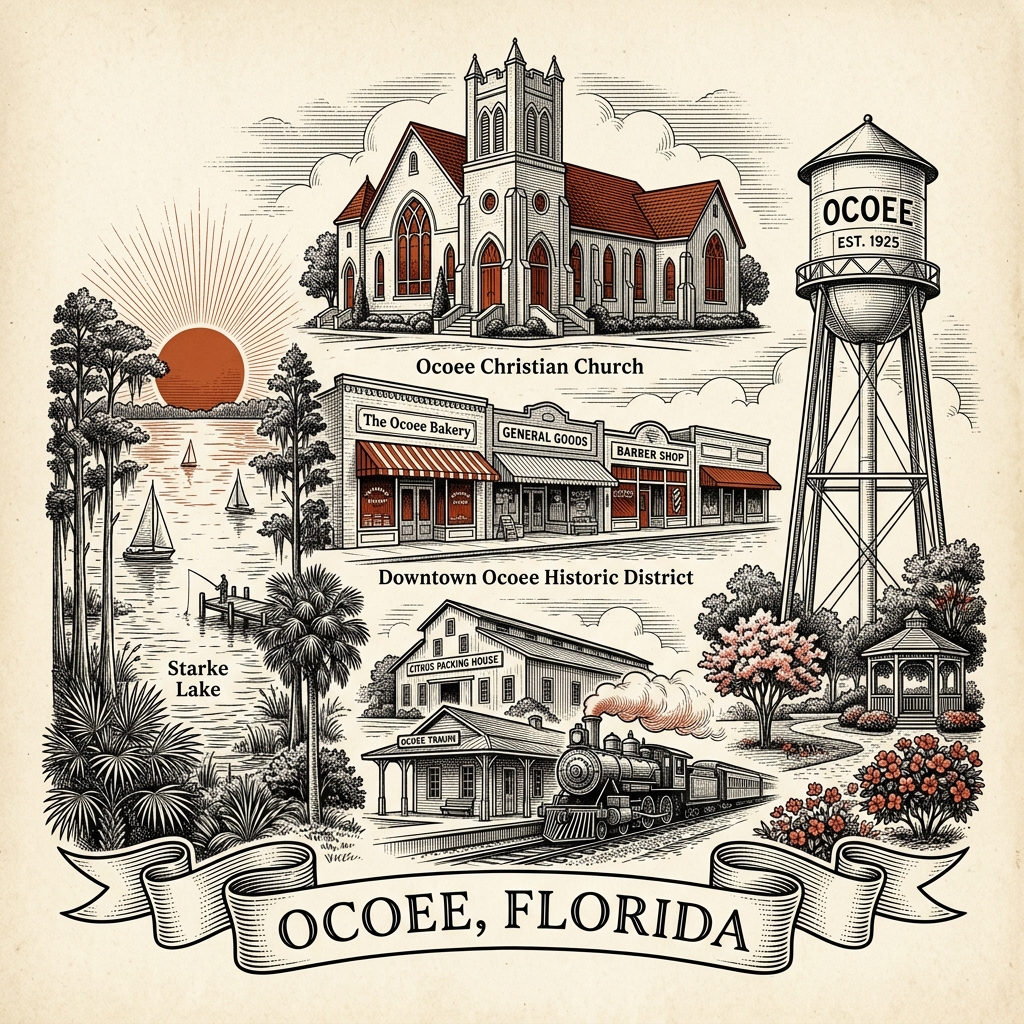 Engraved Ocoee FL city illustration – Official Translations certified translation services from $29.95 per page