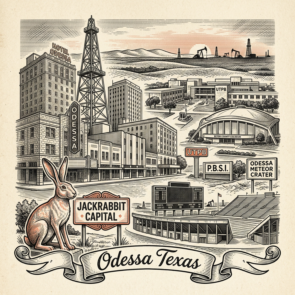 Engraved Odessa TX city illustration – Official Translations certified translation services from $29.95 per page