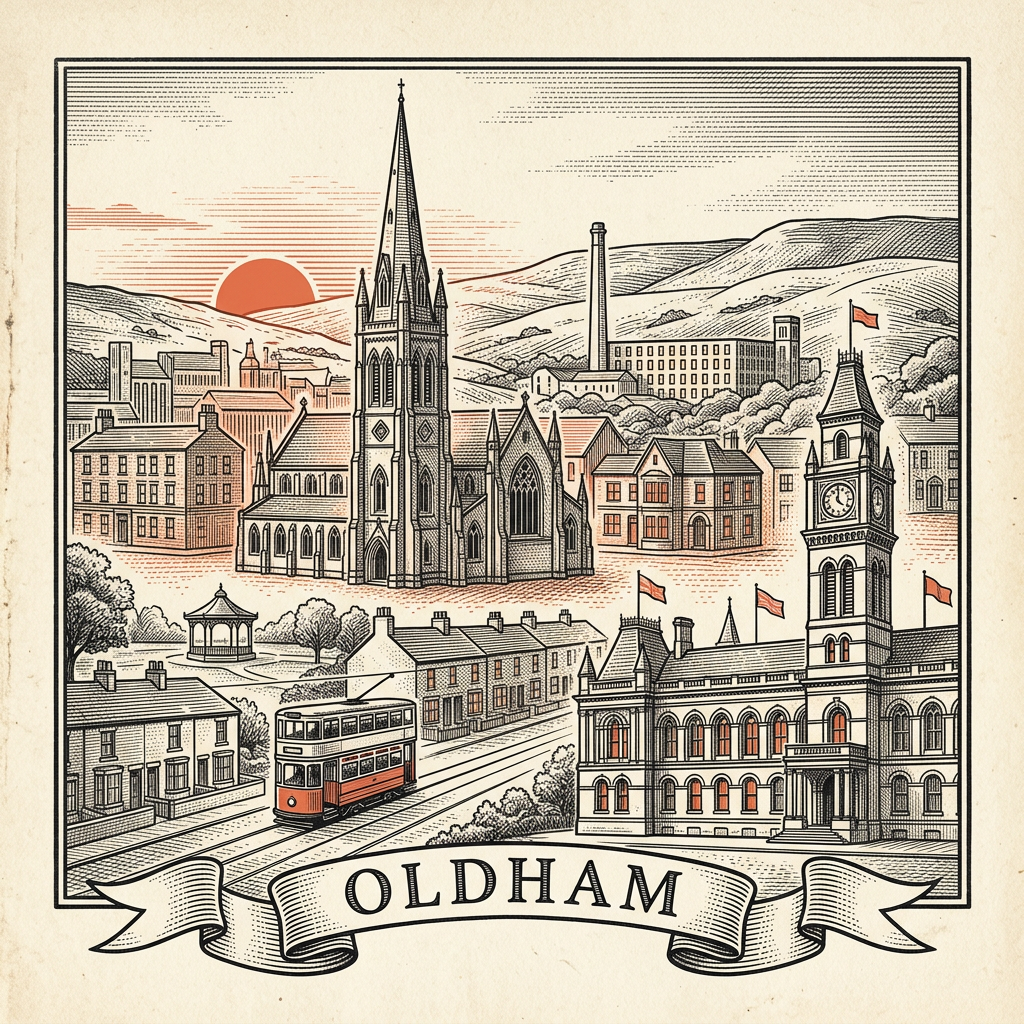 Engraved Oldham England city illustration – Oldham Parish Church (St Mary's), Oldham Town Hall, Gallery Oldham, Alexandra Park, Saddleworth Moor nearby – Official Translations certified translation services from £29.95 per page
