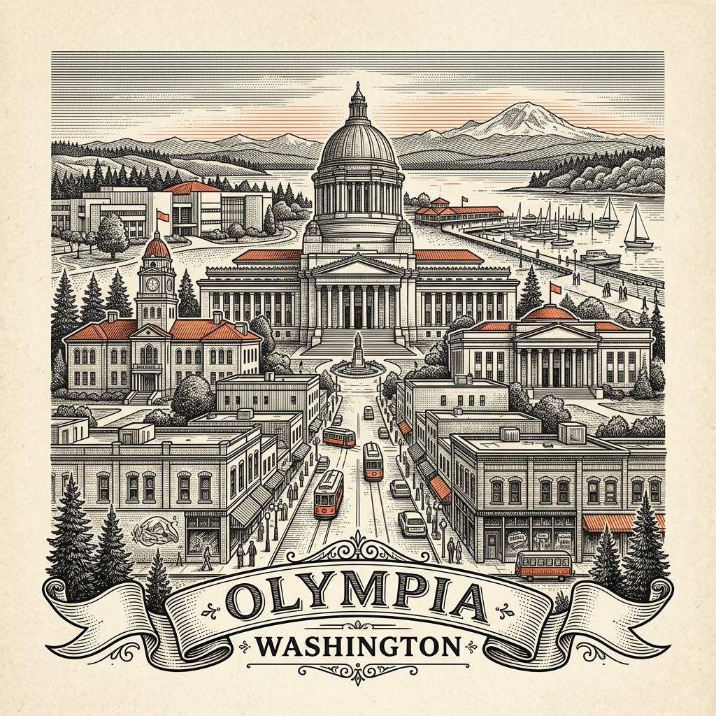 Engraved Olympia WA city illustration – Official Translations certified translation services from $29.95 per page