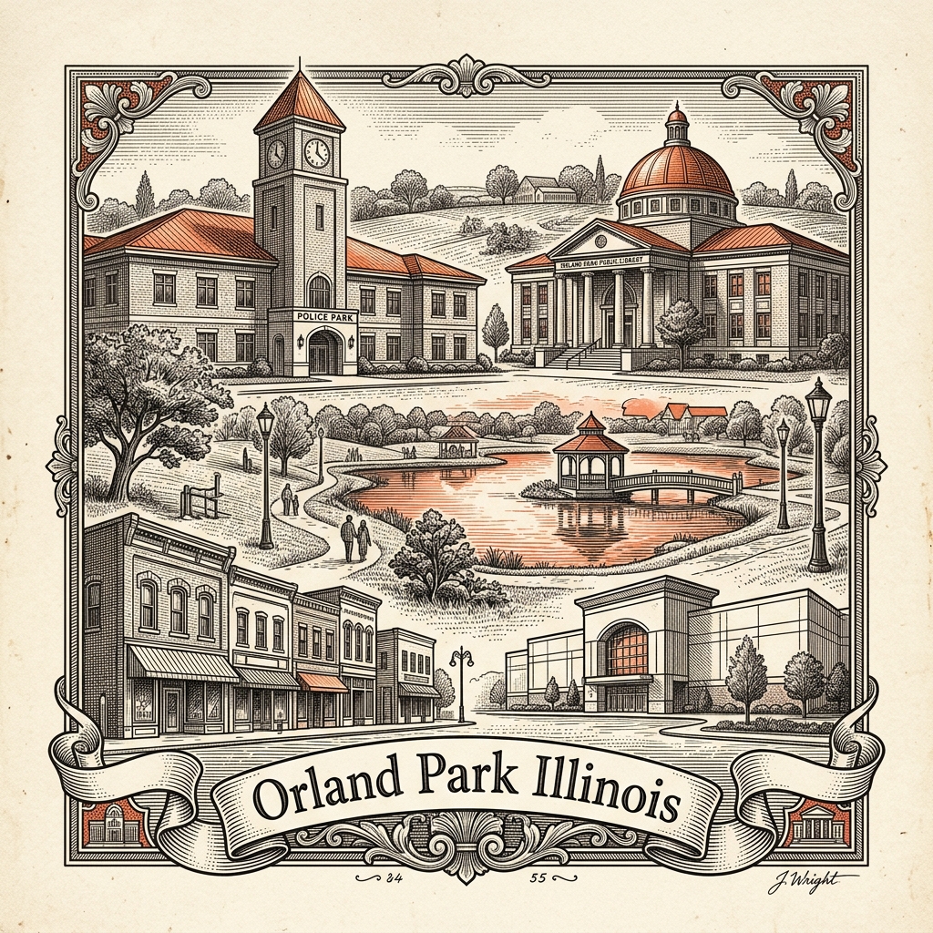 Engraved Orland Park IL city illustration – Official Translations certified translation services from $29.95 per page