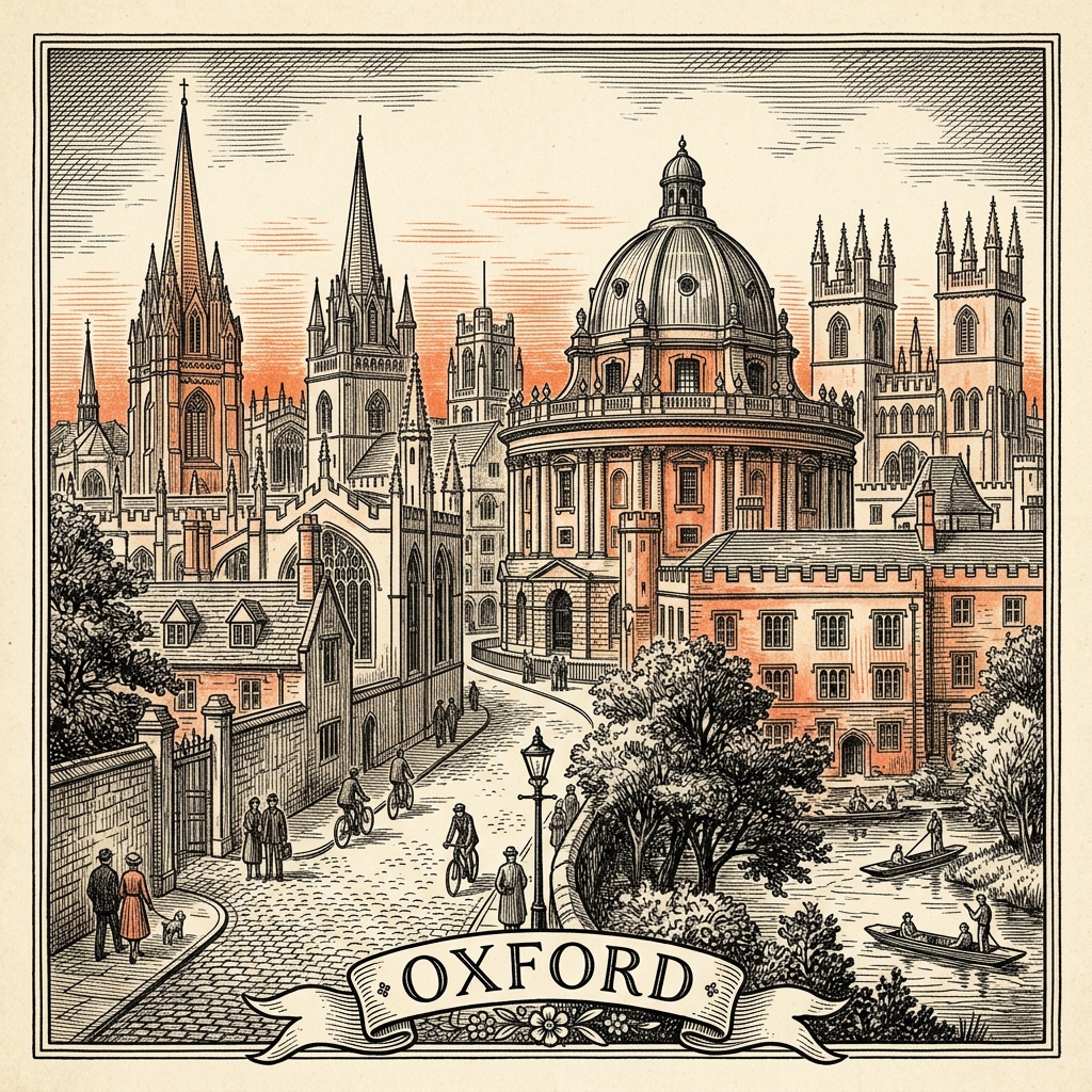 Engraved Oxford England city illustration – Radcliffe Camera, Christ Church College, Bodleian Library, Bridge of Sighs (Hertford Bridge), Carfax Tower – Official Translations certified translation services from £29.95 per page