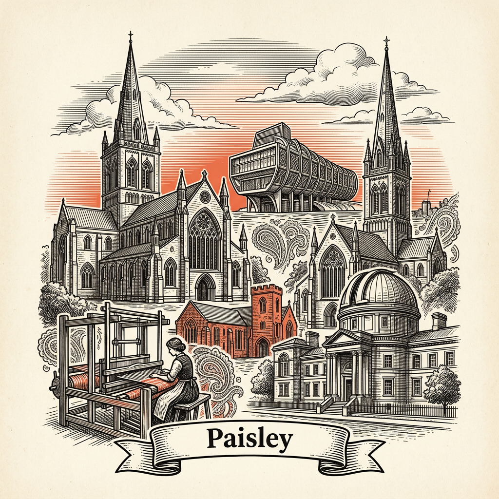 Engraved Paisley Scotland city illustration – Paisley Abbey, Coats Memorial Baptist Church, Paisley Town Hall, Sma' Shot Cottages, the Russell Institute art-deco facade – Official Translations certified translation services from £29.95 per page