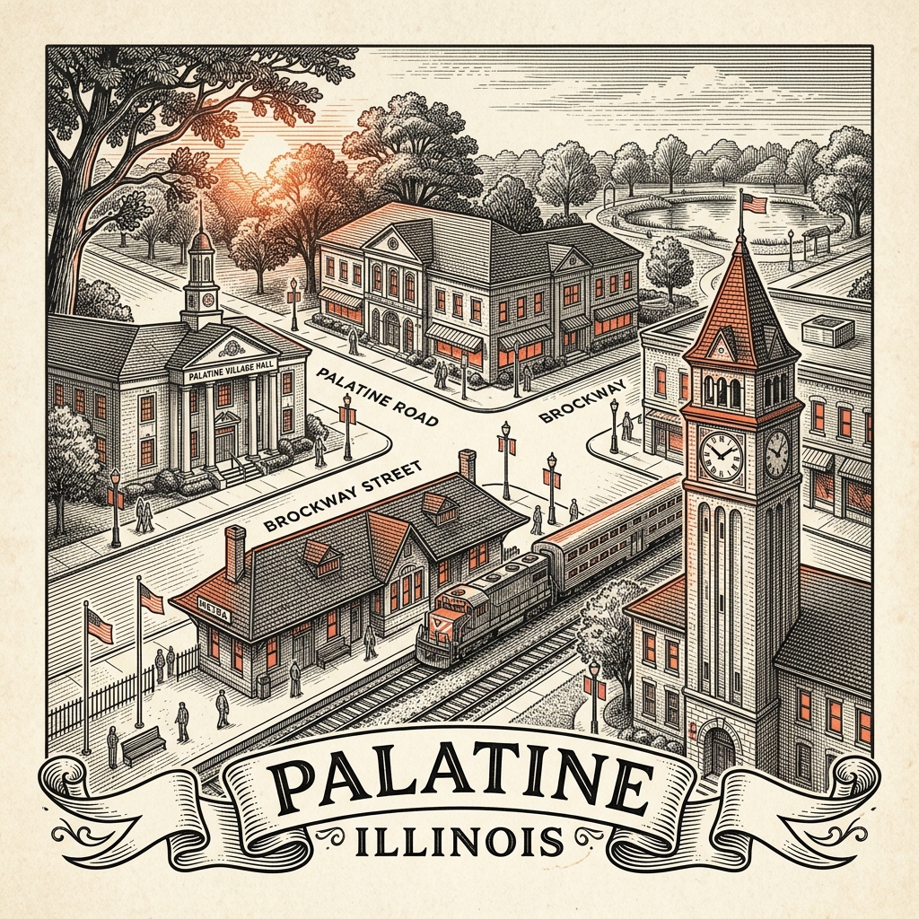 Engraved Palatine IL city illustration – Official Translations certified translation services from $29.95 per page